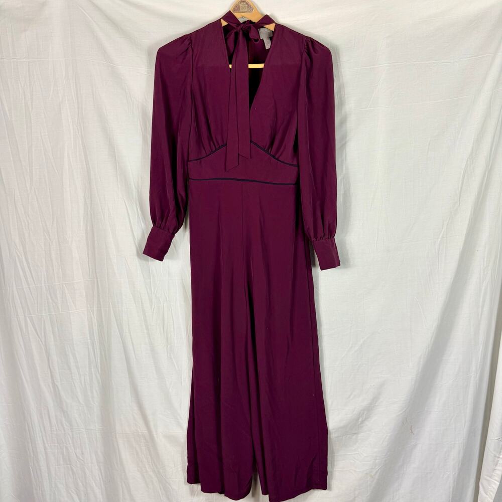 ASOS Burgundy Tie Neck Wide Leg Jumpsuit Long Sleeve Women's Size 2